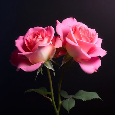 Two Pink Roses on Black Background