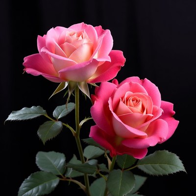 Two Pink Roses on Black Background