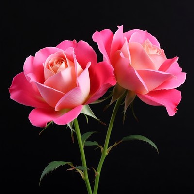 Two Pink Roses on Black Background