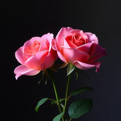 Two Pink Roses on Black Background