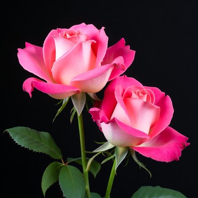 Two Pink Roses on Black Background