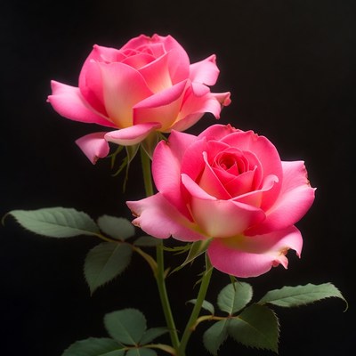 Two Pink Roses on Black Background