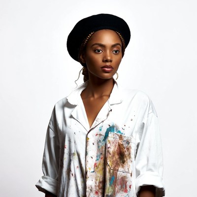 African-American woman in beret and paint-splattered shirt