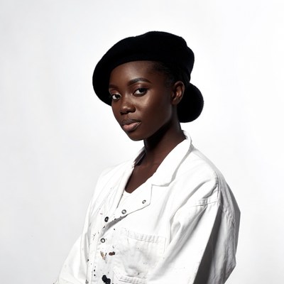 African woman in beret and white jacket
