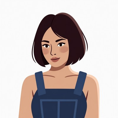 Asian woman in blue overalls