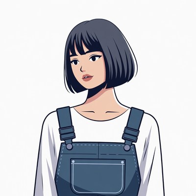 Asian woman in denim overalls