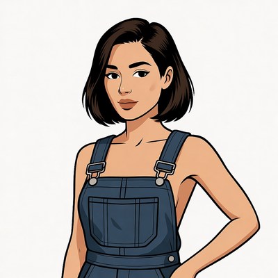 Asian woman in denim overalls