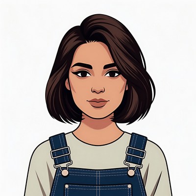 Cartoon woman in denim overalls