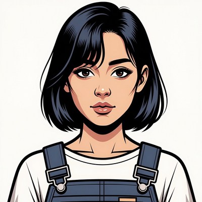 Asian woman in denim overalls illustration