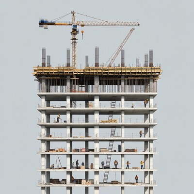 Construction Workers on Tall Building Site