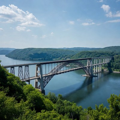 Steel arch bridge over river valley