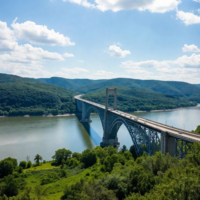 Steel arch bridge over river valley