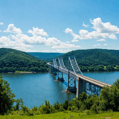 Steel truss bridge over river valley