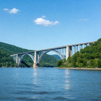 Steel arch bridge over river