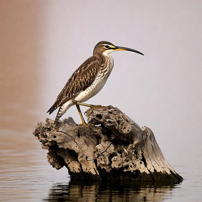 Whimbrel standing on driftwood