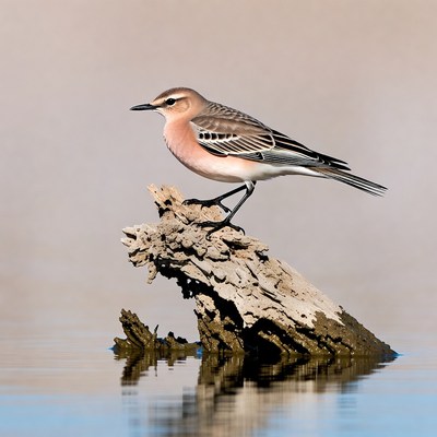 Wheatear bird on driftwood perch
