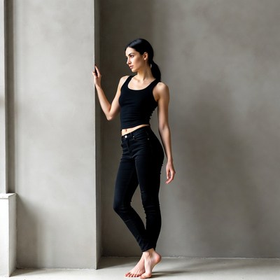 Woman leaning against wall barefoot