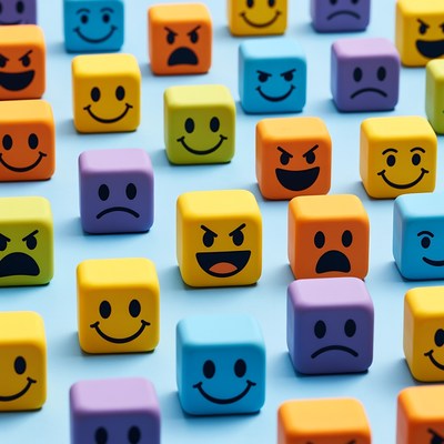 Colorful Emotive Emoji Dice on Blue