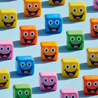 Colorful Smiley Face Dice on Blue Background