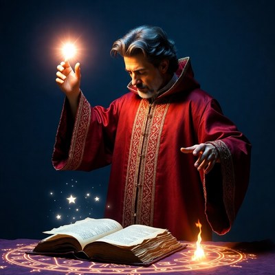 Wizard casting spell over magic book