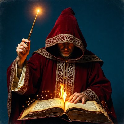 Wizard casting spell on open book