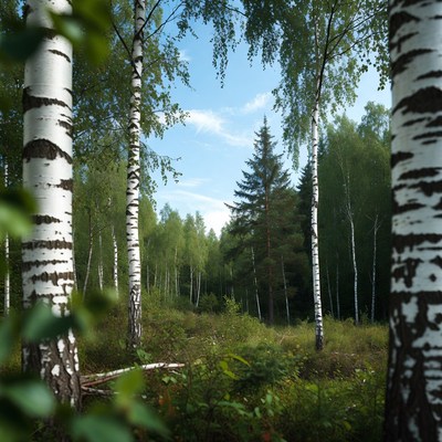 Birch Forest with Pine Trees