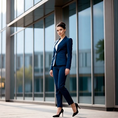 Business woman walking in navy suit