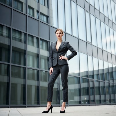 Woman in gray suit against glass building