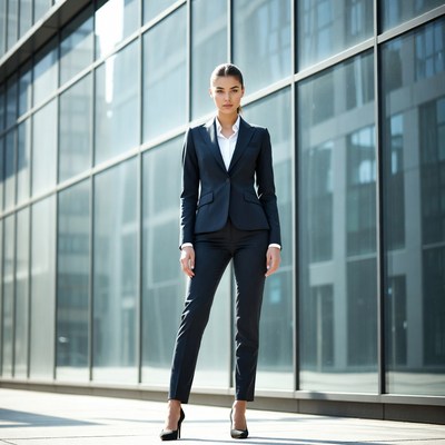Business woman in suit by glass building