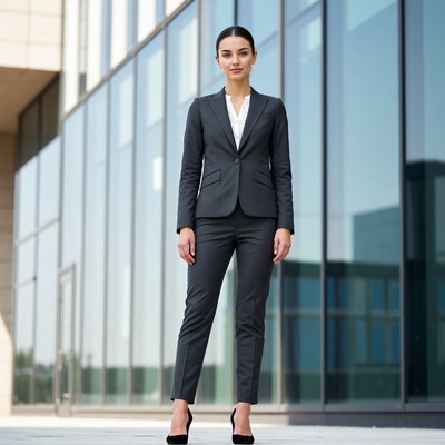 Business woman in suit against glass building