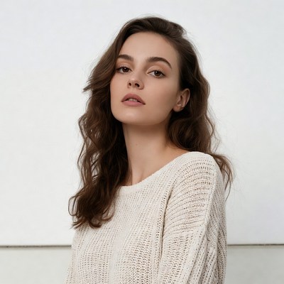 Woman with wavy brown hair in knit sweater