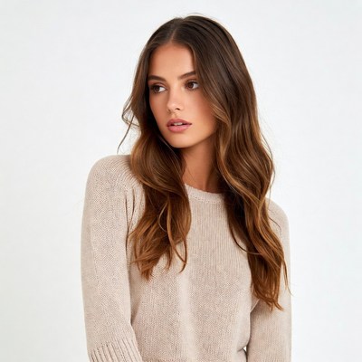 Woman in beige sweater profile view