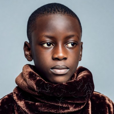 African boy in brown fur collar