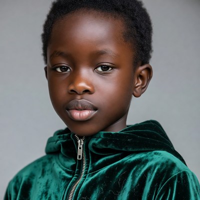 African boy in green velvet hoodie