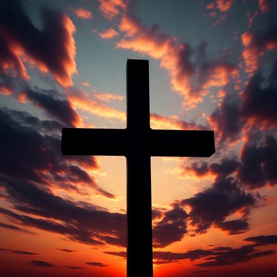 Black Cross Silhouette Against Sunset Sky