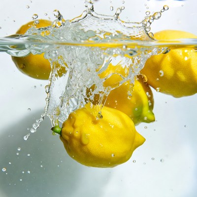 Lemons splashing in water