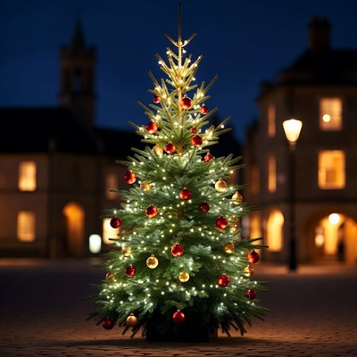 Lit Christmas Tree in Historic Square