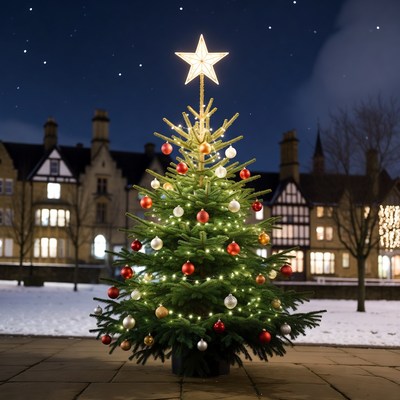 Lit Christmas Tree in Snowy Village Square