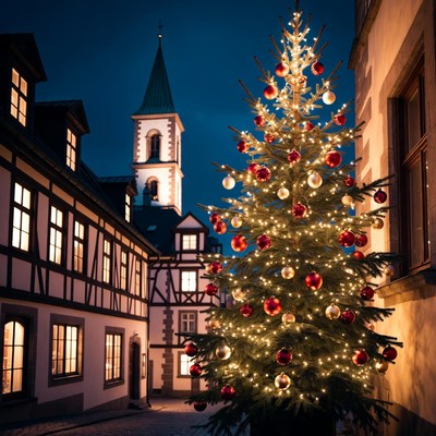 Lit Christmas Tree in European Town Square