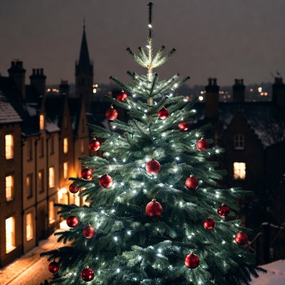 Lit Christmas Tree in Snowy Street