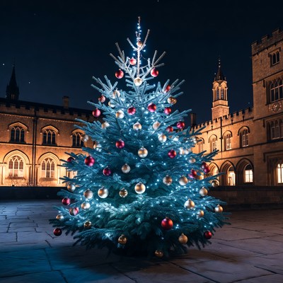 Lit Christmas Tree in Gothic Courtyard