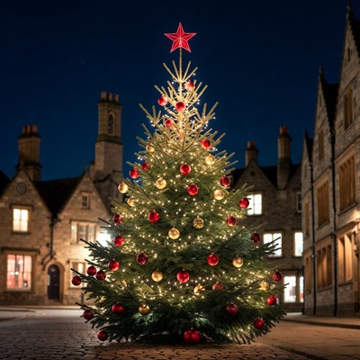 Lit Christmas Tree at Night
