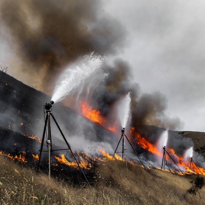 Fire hoses spraying wildfire on hillside