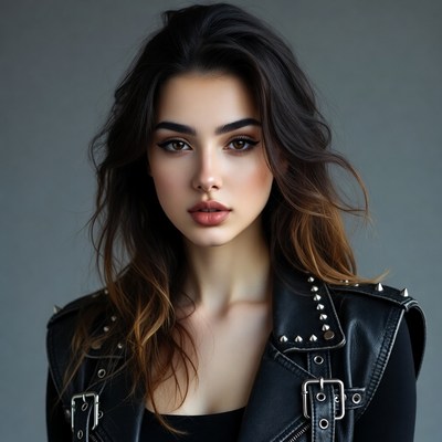 Woman in studded leather jacket