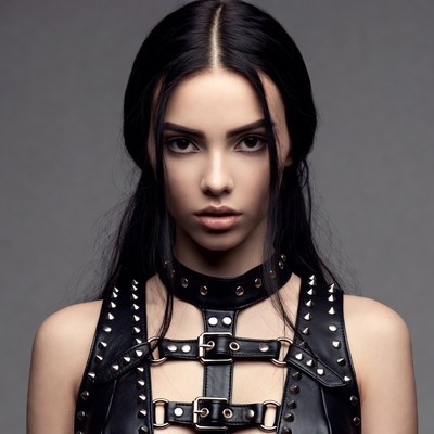 Woman in black leather harness top