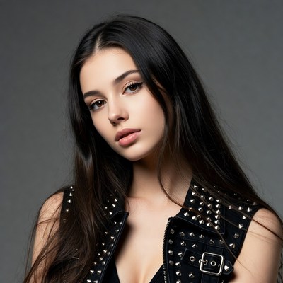 Woman in black studded vest