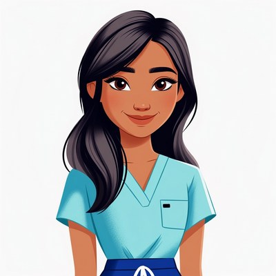 Asian woman in blue scrubs