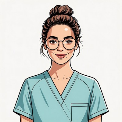 Smiling woman in scrubs with glasses