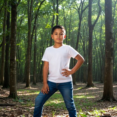 Young Asian boy posing in forest