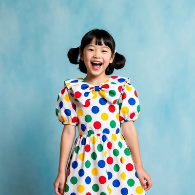 Asian girl in polka dot clown dress